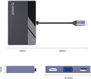 Docking station USB-C 7-in-1, 3x USB-A, HDMI, VGA, USB-C PD 100W, 3,5mm AUX, ORICO DM-7P