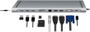 LogiLink Dockingstation USB-C Eigang 11Port 3xUSB3.2 USB-C 2xHDMI VGA AUX RJ45 Silver