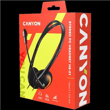 CANYON HS-01 PC headset with microphone, volume control and adjustable headband, cable length 1.8m, Black/Orange, 163*128*50mm, 0.069kg