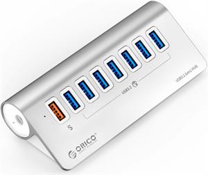 USB-C hub 7-port, 7x USB-A 3.2 Gen1, 1x USB-A PD 18W, 5Gbps, Power Supply, Aluminium, ORICO M3U7Q1-05