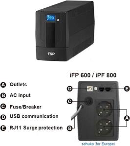 Fortron Source iFP 800VA/480W, Line-interactive, 2×Schuko, RJ11, USB, 1×9Ah, 5min. autonomija, LCD display