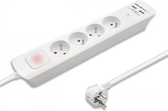 Qoltec zaštita od prenapona | 4 utora | 2 x USB | 1,8m | Bijela