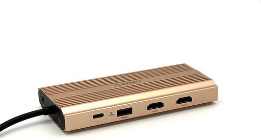 Docking station USB-C, 12in1, RGB, 1x USB-C, 3x USB-A, USB-C PD100W, 2x HDMI 4K@60Hz, DP 4K@60Hz, AUX, SD+TF, RJ45, AHJ, Alu, Rose Gold, ORICO XDR-X3