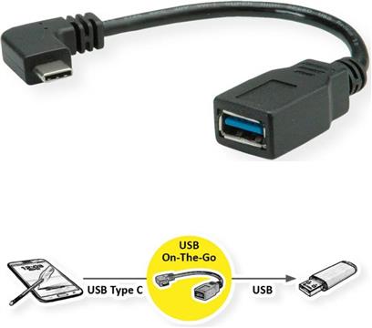 Roline USB3.2 Gen 1 kabel TIP A-C F/M kutni, 0.15m, crni