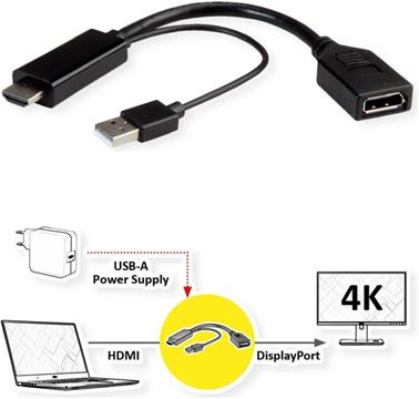 Roline adapter/kabel HDMI - DisplayPort, M/F, v1.2, aktivni, 4K60, 0.15m