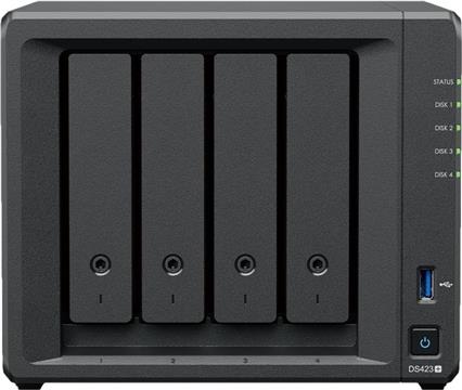 Synology DS423+, Tower, 4-Bays 3.5'' SATA HDD/SSD, 2 x M.2 2280 NVMe SSD, CPU Intel Celeron J4125 4-core (4-thread) 2.0 GHz, max. boost up to 2.7 GHz, 2 GB DDR4 ECC SODIMM, 2 x 1GbE RJ-45, 2 X USB 3.2