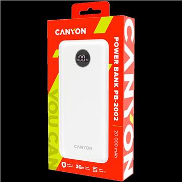 CANYON PB-2002 Power bank 20000mAh Li-poly battery, Input Type-C 5V3A,9V2A,18W , Output Type-C:5V3A,9V2.2A,12V1.5A,20W, Output USBA1/USBA2:5V3A,5V/4.5A,4.5V/5A,9V2A,12V1.5A,22.5W147.5*69*28.6mm, 0.4