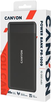 CANYON PB-109, Power bank 10000mAh Li-poly battery, Input Lightning &Type C : 5V/2A, 9V/2A PD 18W(Max), Output Type C 5V/3A,9V/2.2A,12V/1.5A 20W, Output USB A:5V3A,9V2A,12V1.5A,18W quick charging ca