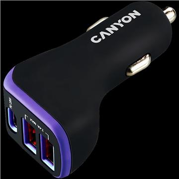 CANYON C-08, Universal 3xUSB car adapter, Input 12V-24V, Output DC USB-A 5V/2.4A(Max) + Type-C PD 18W, with Smart IC, Black+Purple with rubber coating, 71*39*26.2mm, 0.028kg