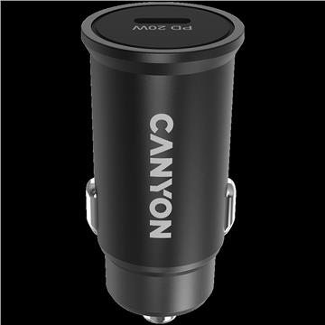 Canyon C-20, PD 20W Pocket size car charger, input: DC12V-24V, output: PD20W, support iPhone12 PD fast charging, Compliant with CE RoHs , Size: 50.6*23.4*23.4, 18g, Black