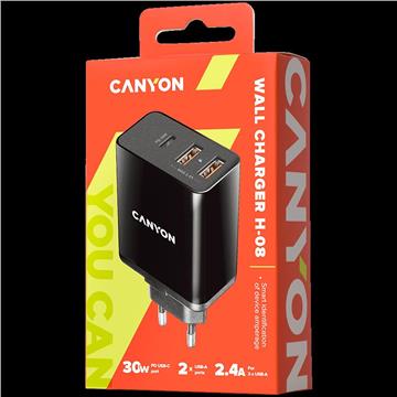 CANYON H-08, Universal 3xUSB AC charger (in wall) with over-voltage protection(1 USB-C with PD Quick Charger), Input 100V-240V, Output USB-A/5V-2.4A+USB-C/PD30W, with Smart IC, Black Glossy Color+oran