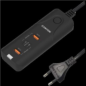 CANYON H-10, Wall charger. CNE-CHA10B Input: 100-240V~50/60Hz 1.0A Max Output1/Output2: DC USB-A QC3.0 5.0V/3.0A,9.0V/2.0A,12.0V/1.5A 18.0W(Max)USB-C PD 5.0V/3.0A,9.0V/2.22A,12.0V/1.67A 20.0W(Max)USB-