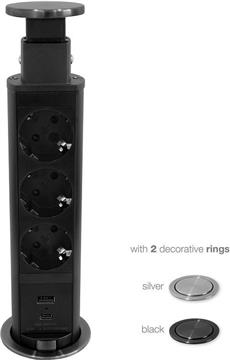 Utičnica Commel ugradbena PopUp 2m 3680W/16A 2xUSB A+C 5V/3,1A 235-121 inox/crna