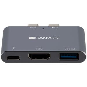 CANYON DS-1, Multiport Docking Station with 3 port, with Thunderbolt 3 Dual type C male port, 1*Thunderbolt 3 female+1*HDMI+1*USB3.0. Input 100-240V, Output USB-C PD100W&USB-A 5V/1A, Aluminium alloy, 