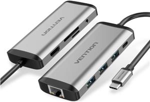 Vention USB-C to HDMI USB3.0*3 TF SD RJ45 3.5mm PD Docking Station 0.15m Gray