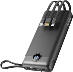 VEGER portable battery with built-in C20 cables, 20000 mAh, black.
