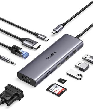 UGREEN 10-portni USB-C HUB 3×USB-A 3.0, 1xUSB- C PD, VGA, HDMI, 1xG-LAN, 1xSD, 1xTF, 3.5mm, sivi