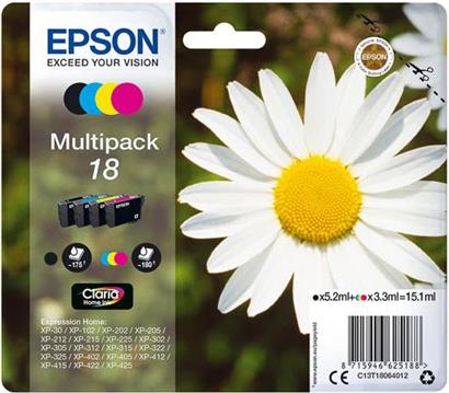 TIN Epson Tinte 18 C13T18064012 4er Multipack (BKMCY) bis zu 175 Seiten