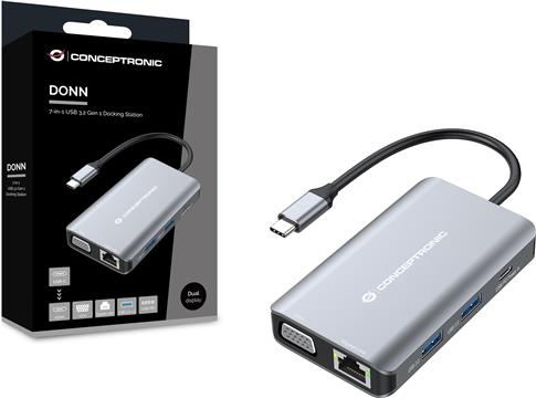 CONCEPTRONIC Dock USB-C->HDMI,VGA,GbE,3xUSB3.0,100WPD 0.25m