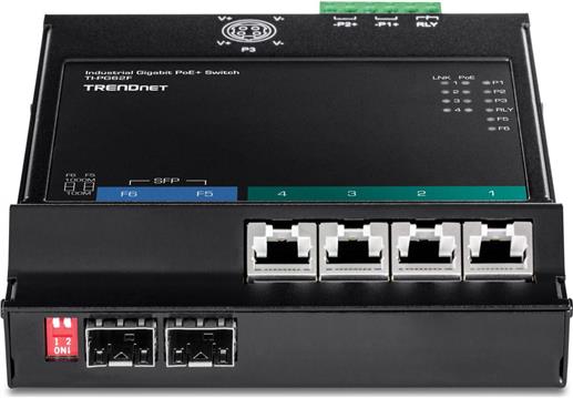 TRENDnet 6-Port Industrial Gigabit PoE+ WallMount Front Acc.