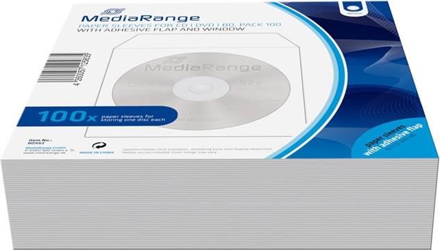 MediaRange Paper sleeves for 1 disc, with flap, without window, white, Pack 100