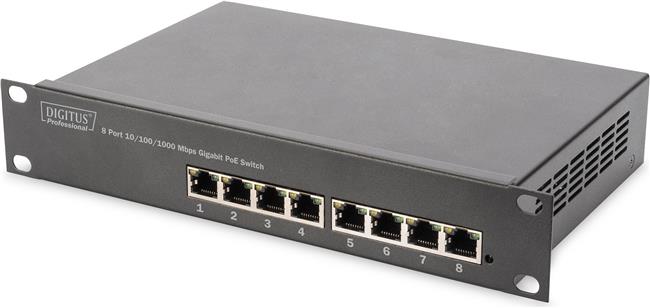 DN-95317 25.4 cm (10") 8-port Gigabit Ethernet PoE switch 8 x 10/100/1000Mbps RJ45, PoE, 96W incl. 25.4 cm (10") brackets