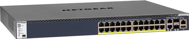 Stackable Managed Switch, L3, 24-port 1000BASE-T (RJ45) PoE+, 2-port 10GBASE-T (RJ45), 2-port 10GBASE-X (SFP+), 128Gbps, USB, Mini-USB / RJ45 / RS232 console ports, APS1000W PSU