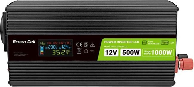 Green Cell Power Inverter LCD voltage converter 12V 500W/1000W Car converter with display - pure sine