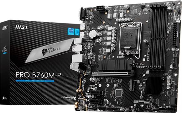 MSI PRO B760M-P, mATX, LGA 1700, Dual Channel DDR5 6800, 1x PCIe x16 slots, 2x M.2 slots, 1x HDMI, 1x DP, 1x VGA, 1x USB 3.2 Gen 2 Type-C, 1x USB 3.2 Gen 1, 4x USB 2.0, 7.1 HD Audio, 1Gbps LAN, 3Y