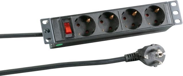 Strujna priključnica, 10" 1U, 4xSchuko/16A, prekidač, ALU, crna, kabel 2,0 m