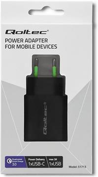 Qoltec 51713 Charger | 18W | 5-12V | 1.5-3A | USB type C PD | USB QC 3.0 | Black