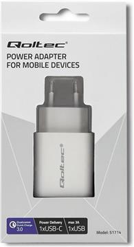 Qoltec 51714 Charger | 18W | 5-12V | 1.5-3A | USB type C PD | USB QC 3.0 | White