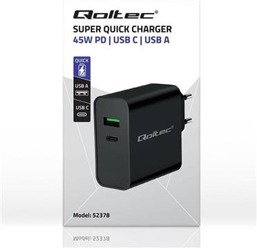 Qoltec 52378 Super Quick PD Charger | 1xUSB-C | 1xUSB | 45W | 5-20V | 2.25-3A | Black