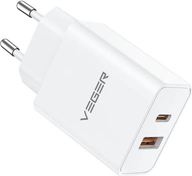 VEGER VLS302U 2-port charger, USB-A/USB-C, QC3.0/PD3.0, white.
