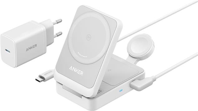 ANKER MAGGO MAGNETIC WIRELESS CHARGER 15W, FOLDABLE 3-IN-1 WITH CHARGER BUNDLE, EU PLUG: BIJELA-PUNJAČ