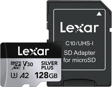 Micro SDXC card Lexar Professional SILVER Plus, 128GB, 205MB/s, U3, V30, A2, UHS-I, w/adapter