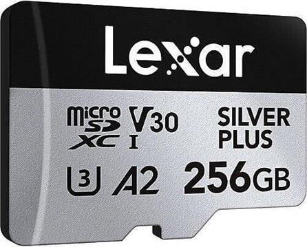 Micro SDXC card Lexar Professional SILVER Plus, 256GB, 205MB/s, U3, V30, A2, UHS-I, w/adapter