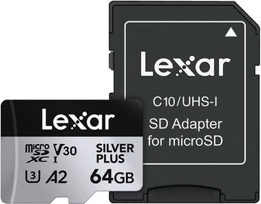 Micro SDXC card Lexar Professional SILVER Plus, 64GB, 205MB/s, U3, V30, A2, UHS-I, w/adapter