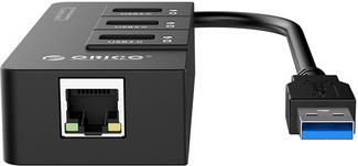 Adapter USB 3.0, 3x USB-A, RJ45 Ethernet, black, ORICO HR01-U3