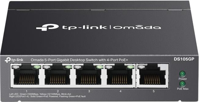 Omada 5-Port Gigabit Desktop Switch with 4-Port PoE+ PORT: 4× Gigabit PoE+ Ports, 1× Gigabit Non-PoE Port SPEC: 802.3af/at, 65 W PoE Power, Desktop Steel Case FEATURE: Plug and Play