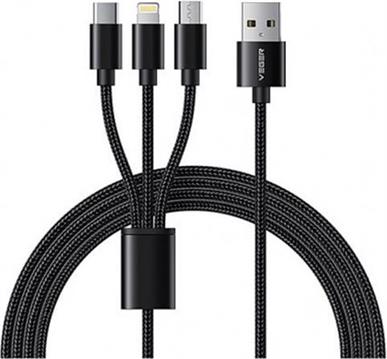 VEGER V303 braided cable 3-in-1 USB-A to USB-C/Lightning/MicroUSB, 1.2m, black.