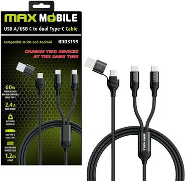 MAXMOBILE DATA KABEL USB/TYPE C - DUAL TYPE C RDD3199 BLACK 2.4A 60W 1.2m