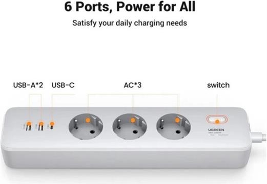UGREEN CD286 naponska letva s prekidačem, 3x ŠUKO utičnica, Power Delivery USB-C, 2x USB-A, 2m, bijeli