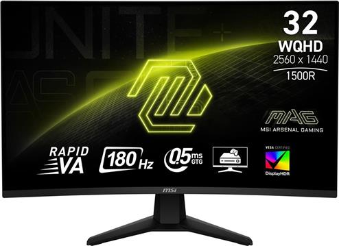 MSI MAG 32CQ6F 180Hz WQHD (2560 x 1440), Rapid VA, 16:9, 400NITS, CR 3500:1, 0.5ms (GtG, Min.), AMD FreeSync, DisplayHDR 400, 1x DP, 2x HDMI, Anti-Glare, VESA (100x100)