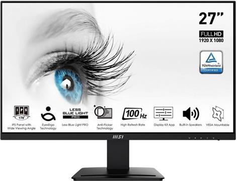 MSI PRO MP273A Professional Business Monitor, 27" 100Hz, FHD (1920 x 1080), 16:9, IPS, CR 1000:1, 1ms (MPRT) / 4ms (GTG), Anti-glare, 1x DP, 1x HDMI, 1x VGA, 2x 3W Speakers, VESA (75x75)