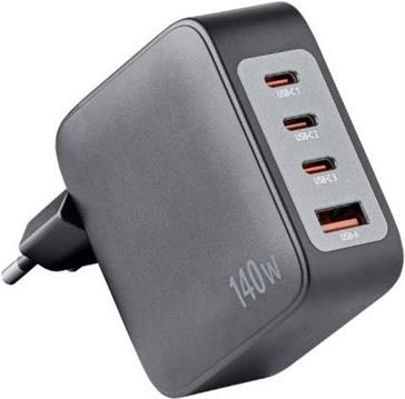 Intenso 140W GaN power supply with 3xUSB-C and 1xUSB-A connectors and included 2M 200W USB-C cable
