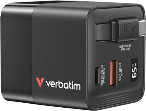 Verbatim GaN zidni punjač 65W, USB-C kabel na izvlačenje + 1×USB-A + 1×USB-C