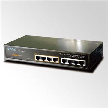 Planet FSD-804PS, 8-Port 10 100Mbps with 4-Port PoE Web Smart Ethernet Switch, half of the 10 100Mbps TP ports of FSD-804PS provide PoE power injector function which is able to drive 4 IEEE 802.3af co