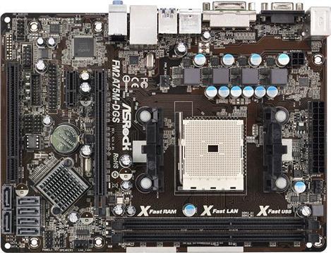 Asrock FM2 FM2A75M-DGS R2.0 - AMD A75 Hudson D2, M-ATX, Solid Capacitor for CPU power, Dual Channel 2xDDR3, Integrated AMD Radeon HD 7000 graphics, DirectX 11, Pixel Shader 5.0, max. 512MB (shared), s