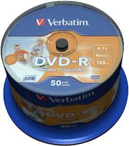 DVD-R Verbatim 4.7GB 16× Wide PRINTABLE (No ID) 50 pack spindle